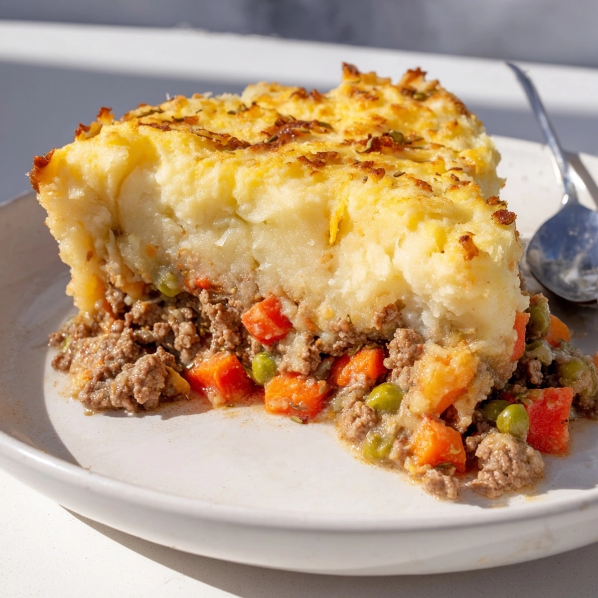 Hearty Warm Rustic Shepherds Pie, a close-up of seasoned lamb topped with creamy potatoes.