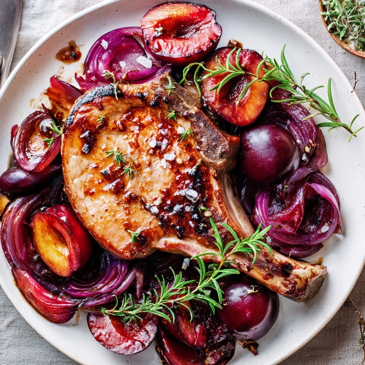 Golden-brown Plum-Soft Pork Chops glistening from balsamic glaze, served in a skillet with soft plums.