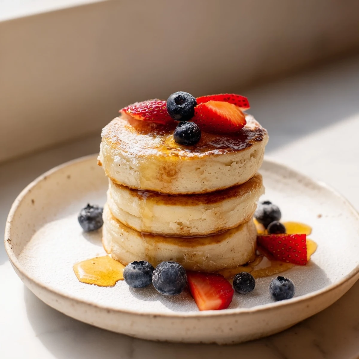 A stack of light and airy ricotta pancakes, perfect for enjoying a cozy weekend brunch.