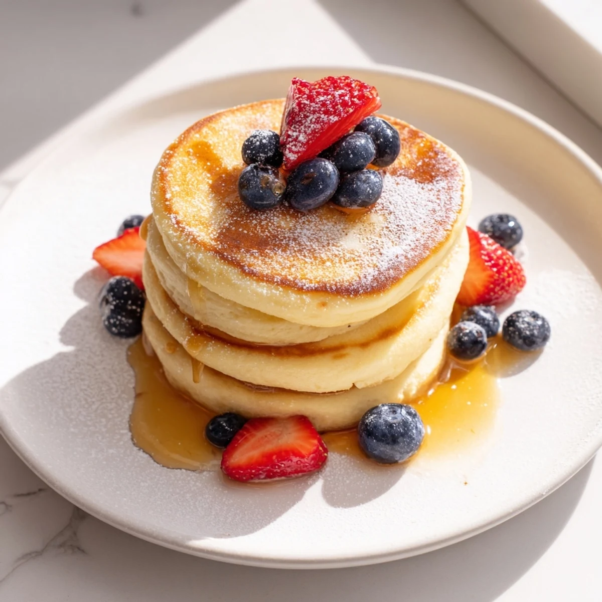 Freshly cooked ricotta pancakes with a beautiful golden brown color, side of berries.