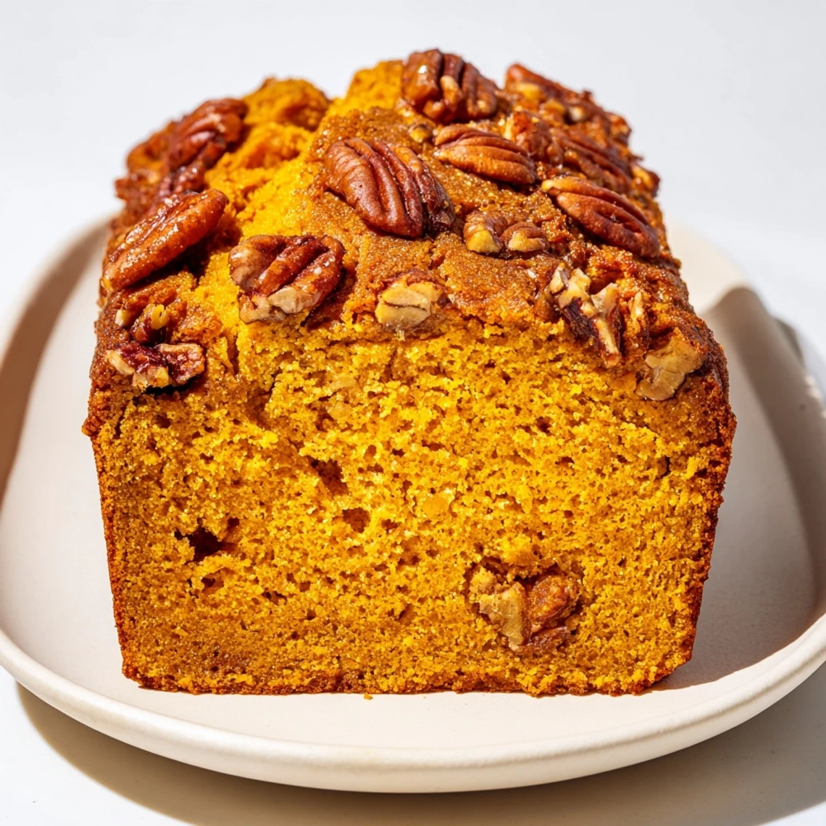 A slice of warm Weekend Cabin-Style Sweet Potato and Pecan Loaf, moist and richly spiced, ready to enjoy.