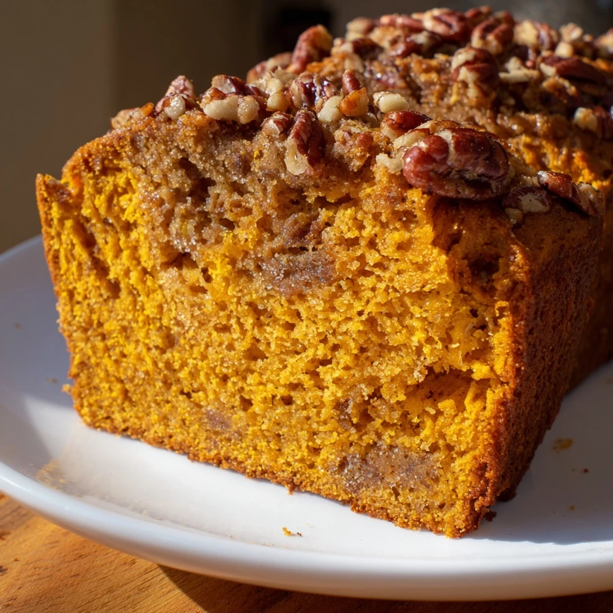Golden-brown Weekend Cabin-Style Sweet Potato and Pecan Loaf slice with crunchy pecans, perfect for brunch.