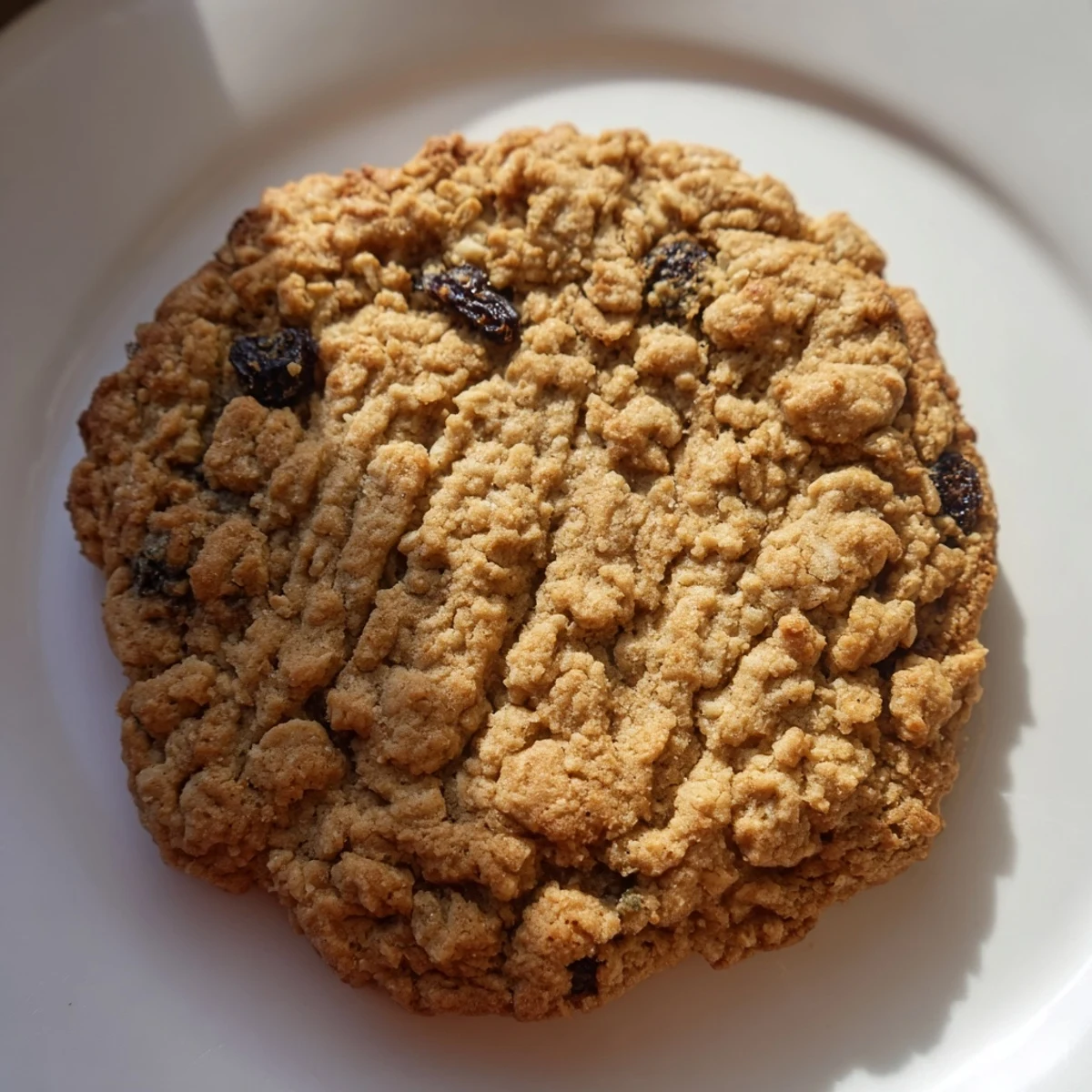Freshly baked chewy oatmeal raisin cookies, lightly crisp edges with perfectly plump raisins inside.