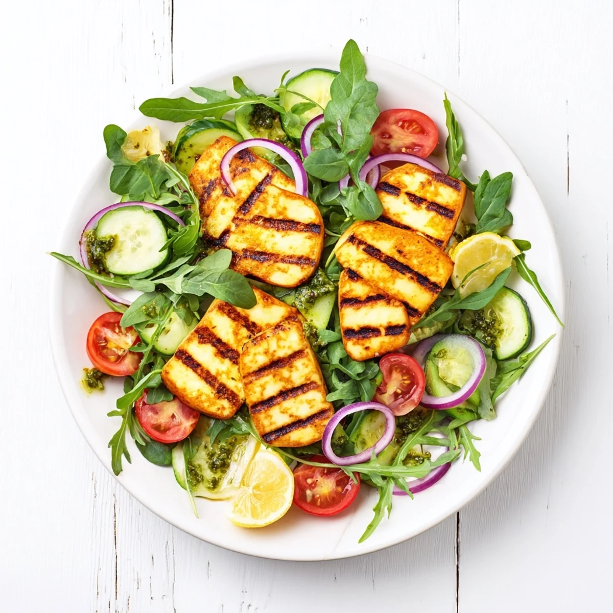 Golden grilled halloumi and pesto plate with fresh pesto, vegetables, ready for a delicious meal.