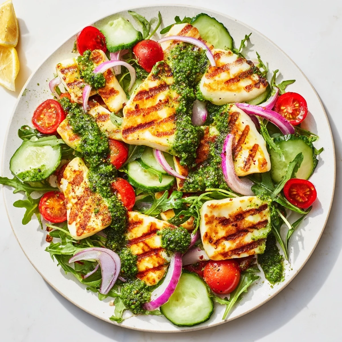 Bright image showcases the grilled halloumi resting on vibrant vegetables, finished with pesto.