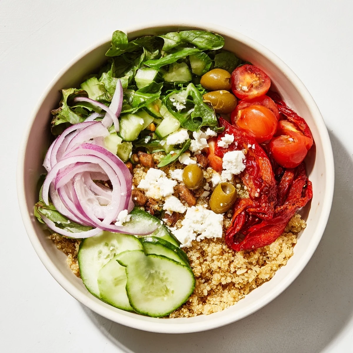Vibrant Mediterranean Grain Bowl boasts a flavorful mix of grains, tomatoes, olives, and a zesty lemon dressing.