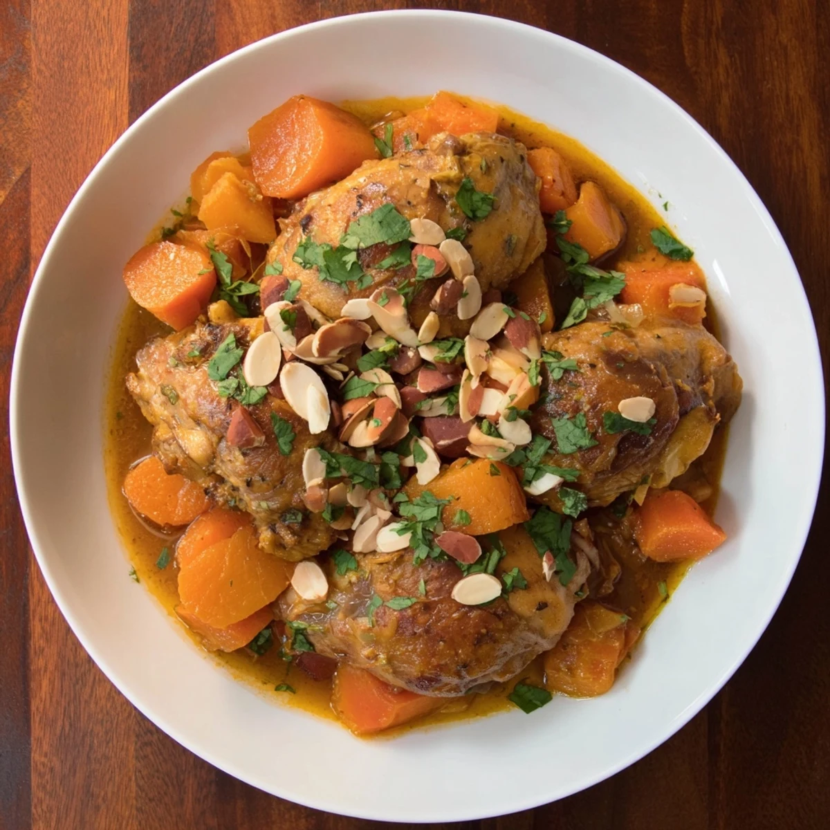 A steaming bowl of comforting Soft Spice Slow-Cooker Chicken and Sweet Potato Tagine, ready to be enjoyed.