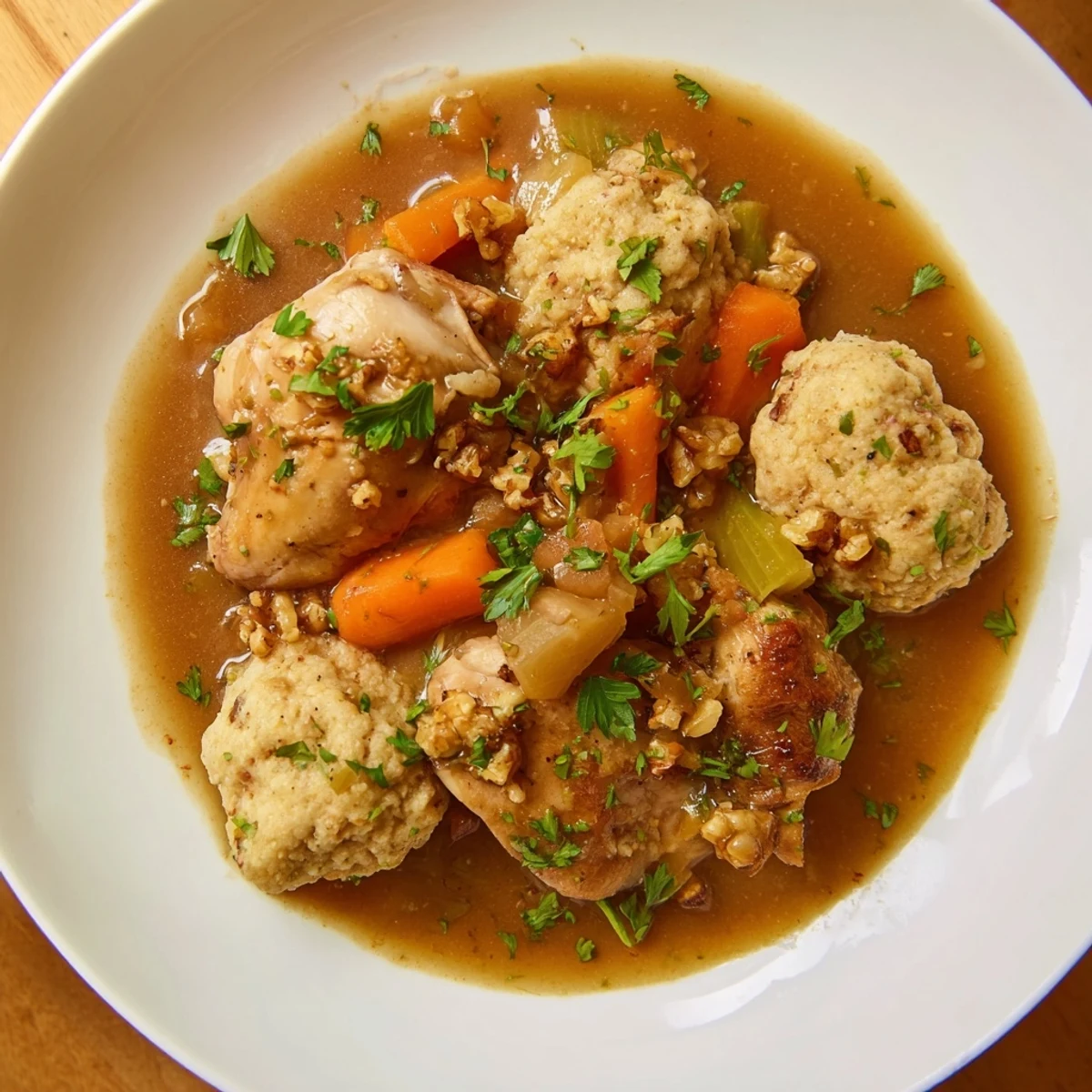 Close-up of golden, tender chicken pieces and dumplings in a bowl of Nut-Warm Homestyle Chicken and Dumplings.
