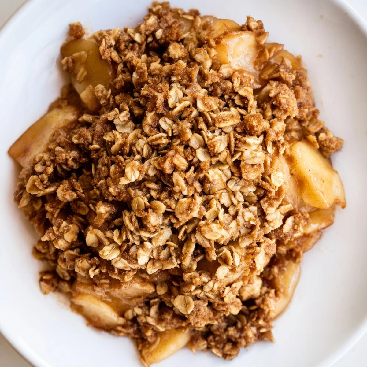 A close-up of a warm Soft Crumb Apple Crisp with a perfect crumb topping, ready to eat.