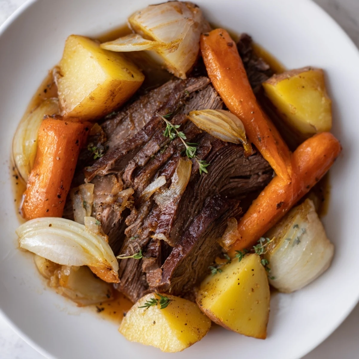 A close-up of steaming Everyday Family Favorite Pot Roast, showing fall-apart beef and hearty veggies.