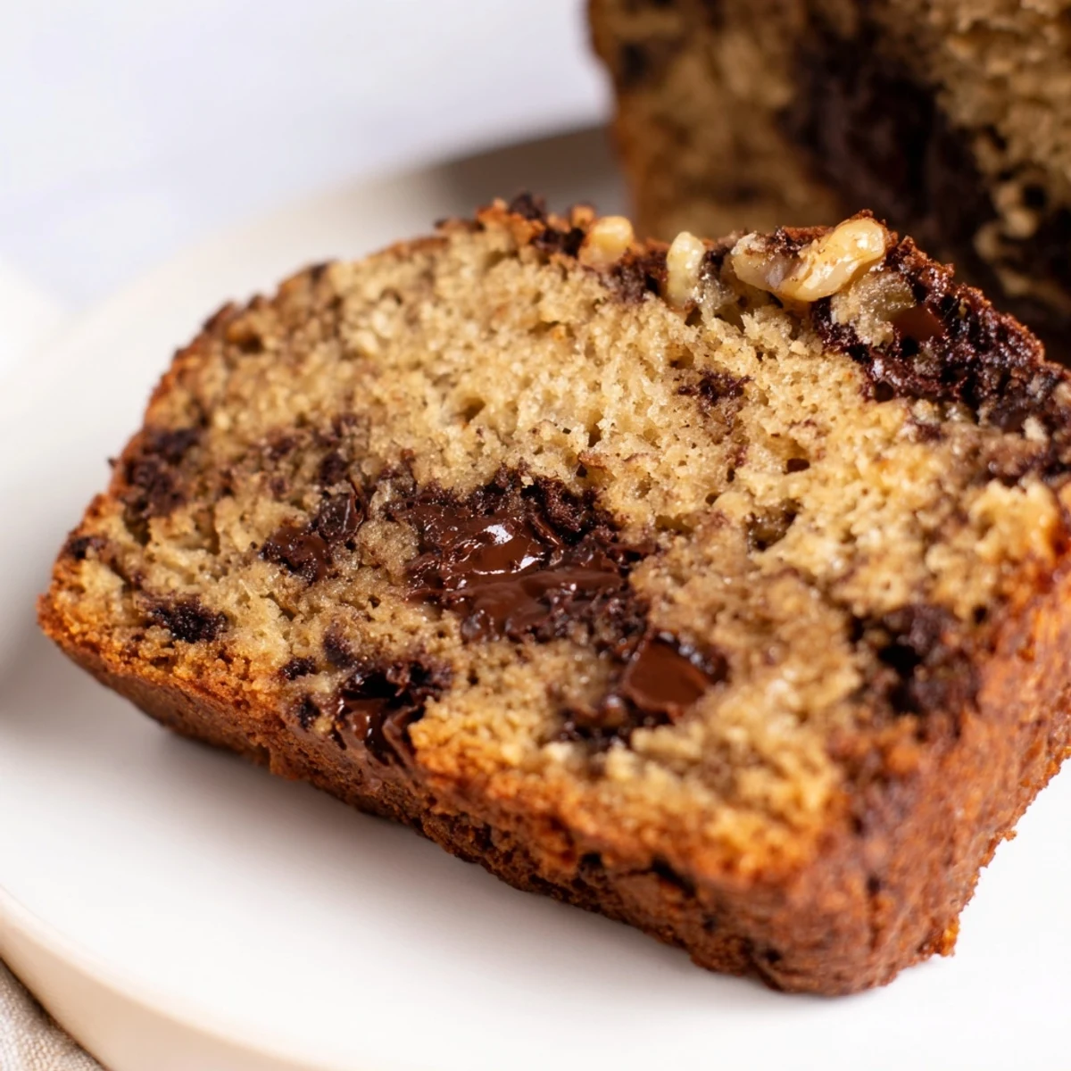 Fresh from the oven, a slice of chocolate chip banana bread offers a warm, comforting aroma.