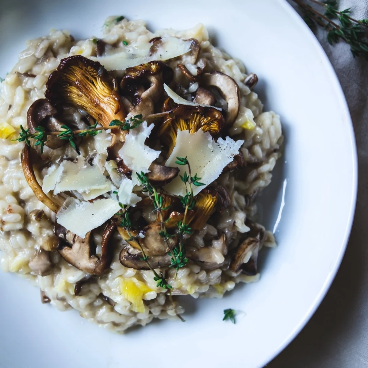 A steaming bowl of cedar-warm mushroom and thyme risotto, with visible creamy texture and scattered herbs.