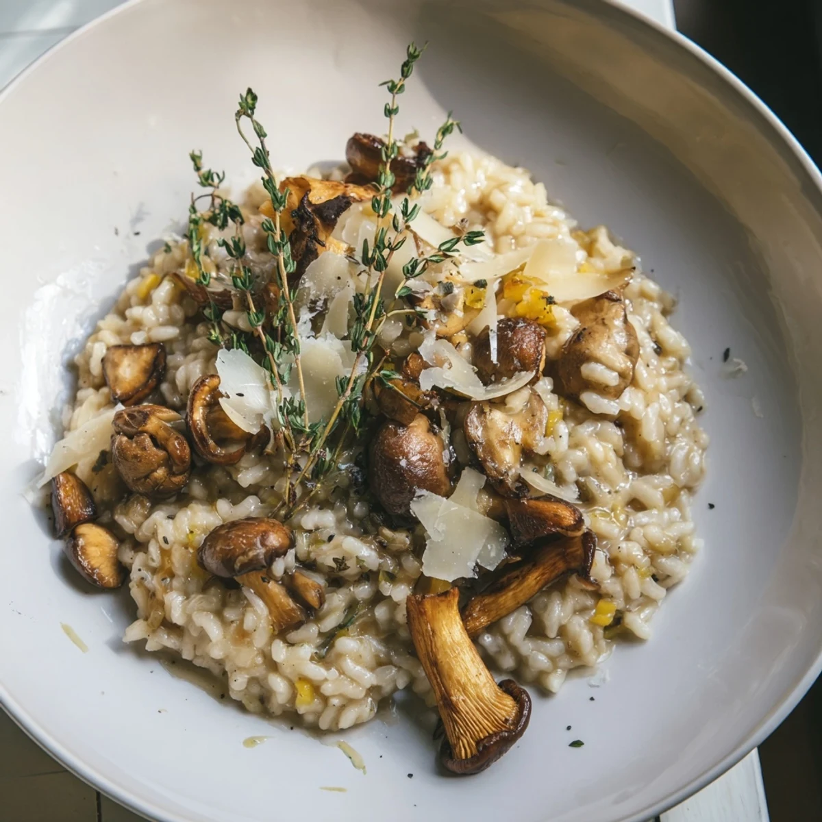 Earthy, savory cedar-warm mushroom and thyme risotto with tender mushrooms; imagine the aroma!