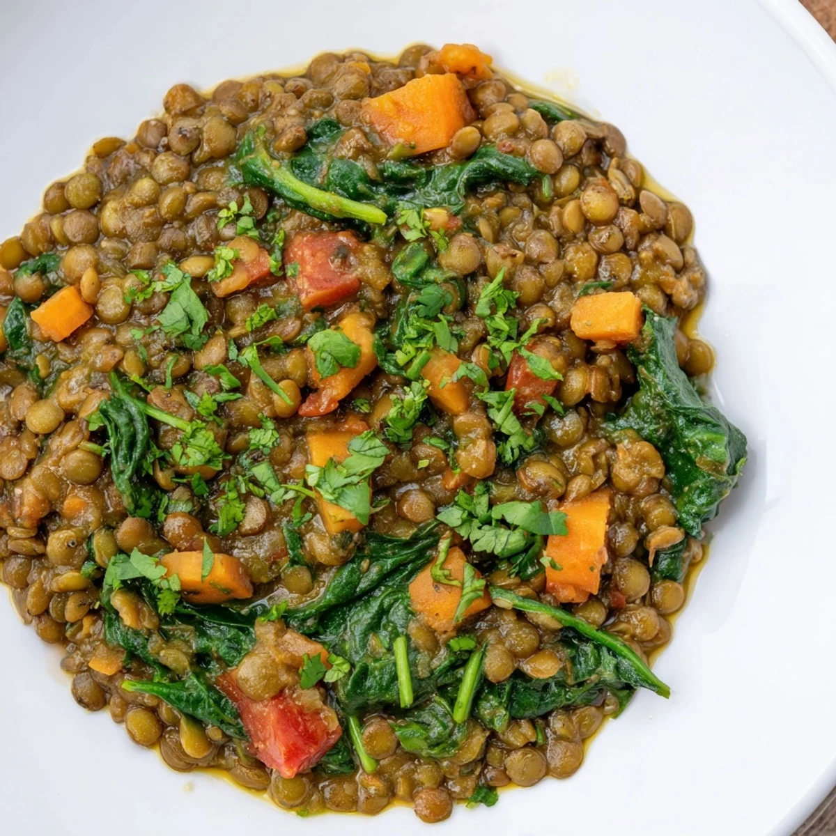 A close-up shot of rich, vibrant Lentil and Spinach Curry with visible lentils and glistening spices.