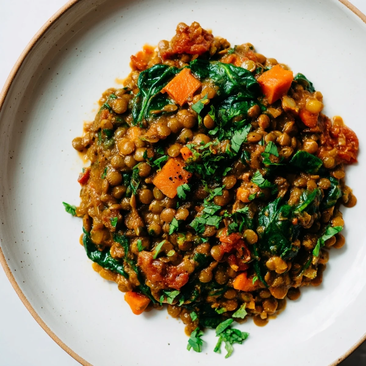 Steaming bowl of Lentil and Spinach Curry, garnished with fresh cilantro, ready to serve and enjoy.