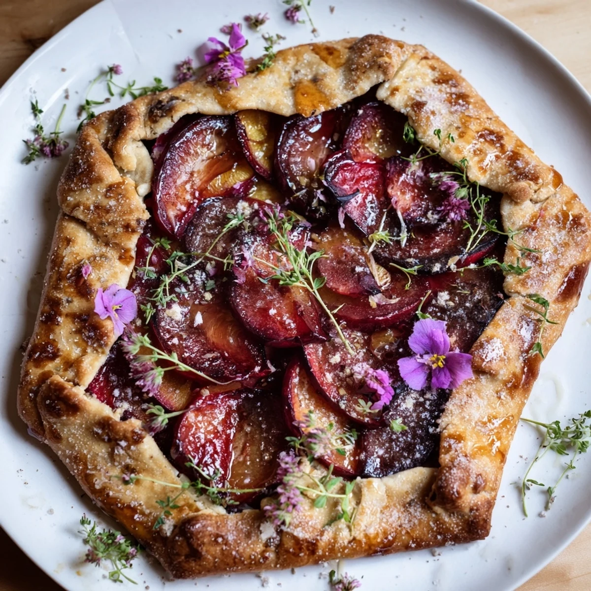 Golden-crusted honey and plum galette, showcasing baked plums, ready to cut and serve.