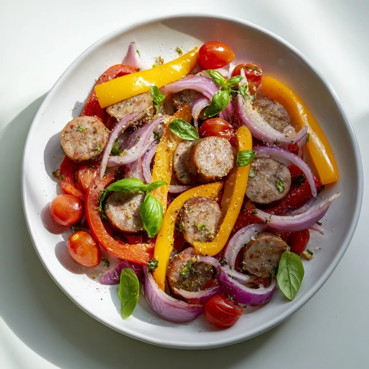 Vibrant image of a Basil-Boosted Sausage and Pepper Skillet Supper with colorful peppers and Italian sausage.