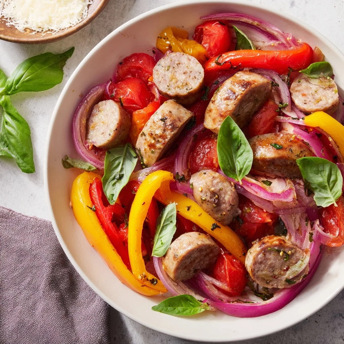 Sizzling Basil-Boosted Sausage and Pepper Skillet Supper, bursting with tomatoes, ready to serve over rice.