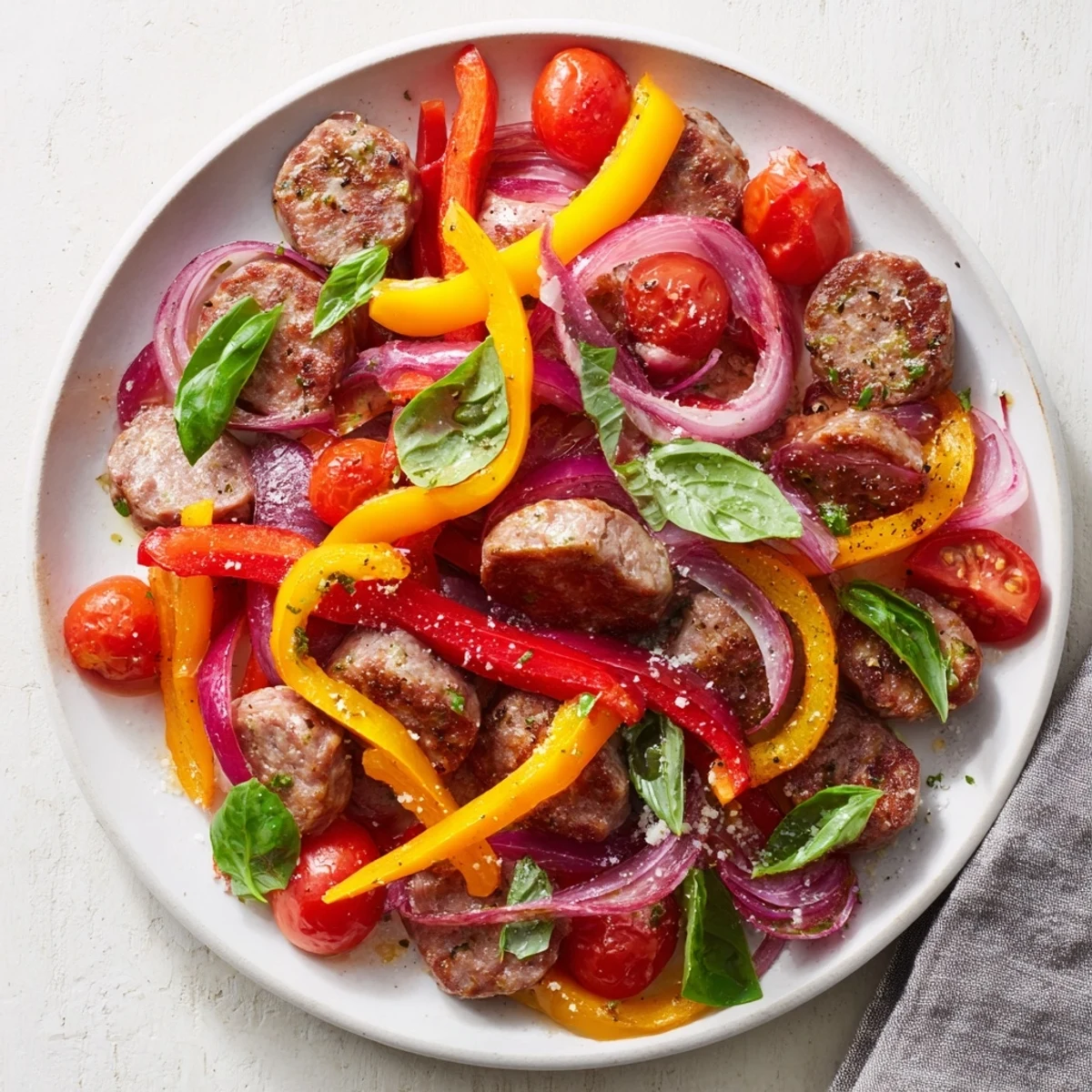 Golden-brown sausage in a Basil-Boosted Sausage and Pepper Skillet Supper, a quick weeknight one-pan meal.
