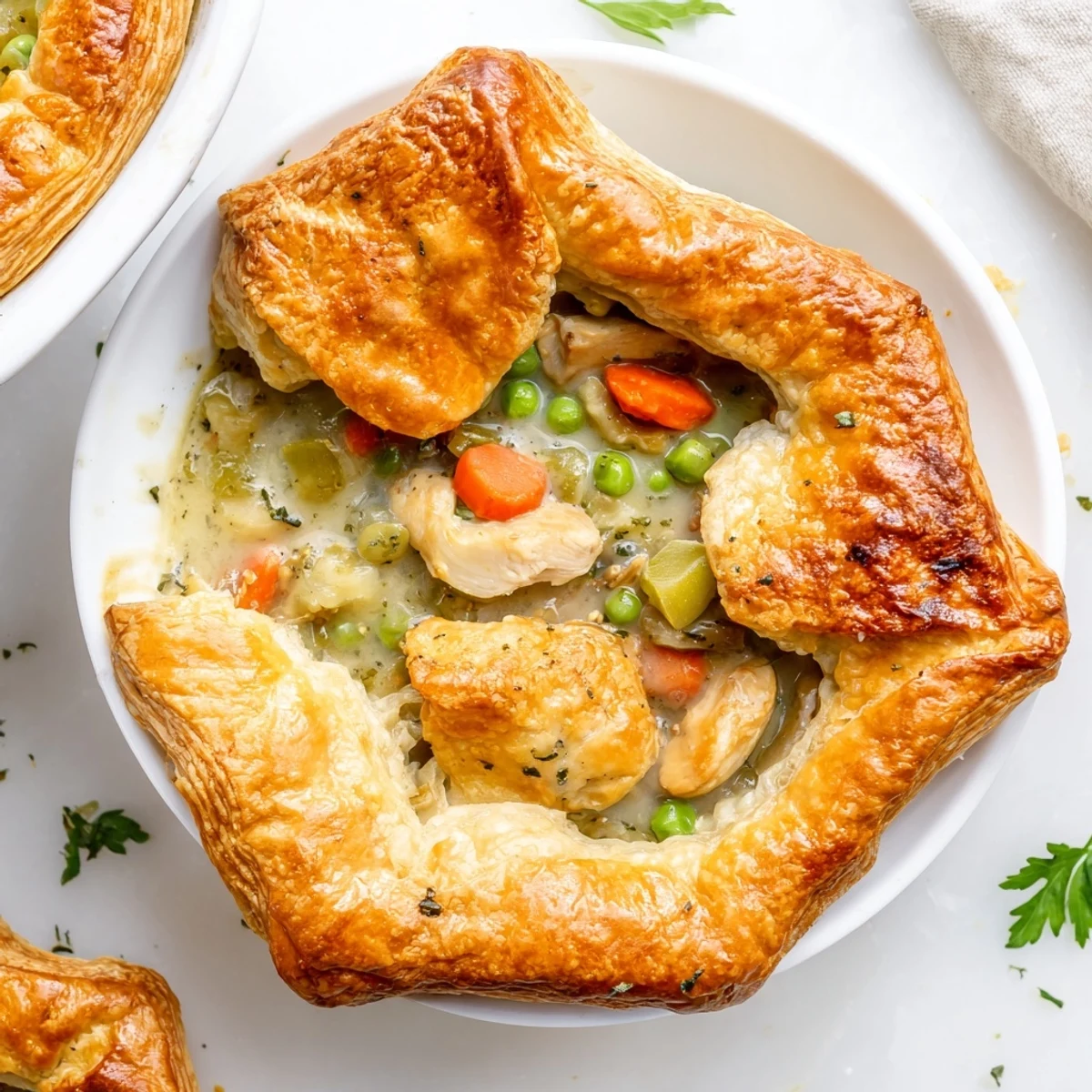 A steaming bowl of comforting Laurel & Herb Chicken Pot Pie, with a perfectly baked, browned crust and rich filling.