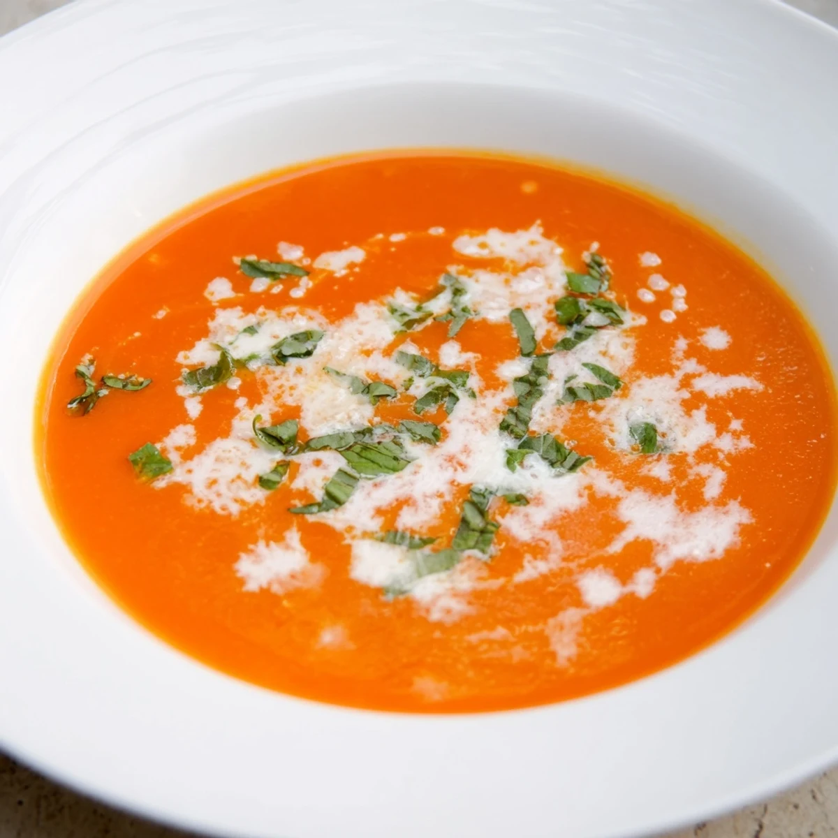 Creamy Whisked Weeknight Tomato and Basil Soup, swirled with fresh cream and garnished with basil.