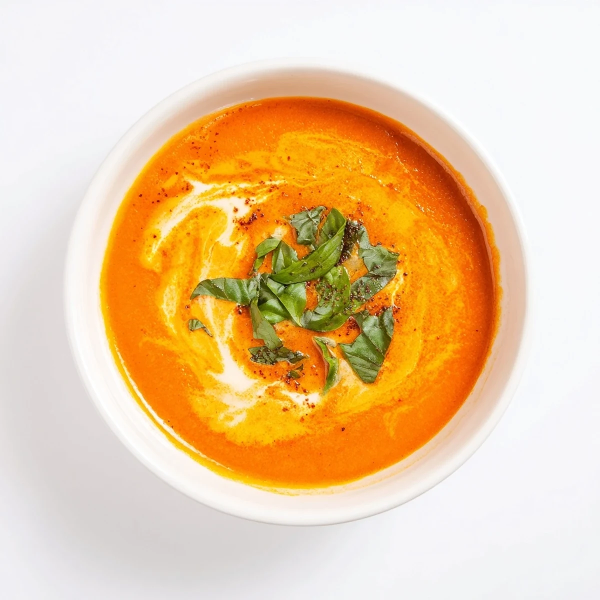 Vibrant red Whisked Weeknight Tomato and Basil Soup, featuring fresh herbs, perfect for a cozy dinner.