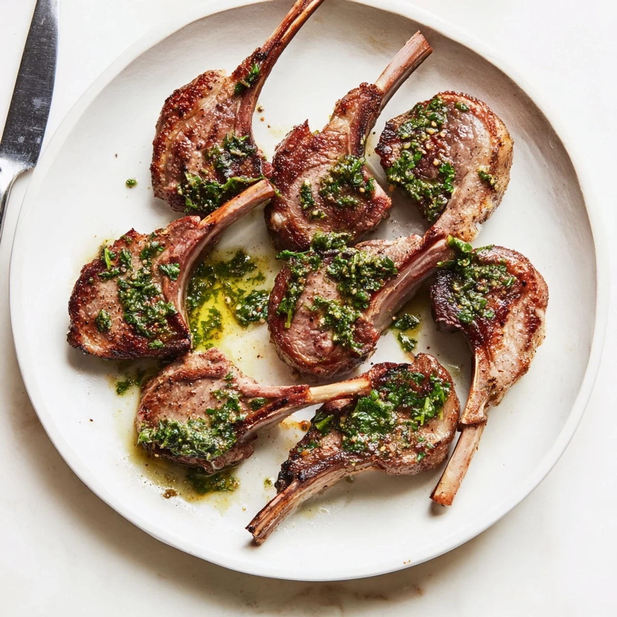 Close-up view of pan-seared lamb chops, glistening with olive oil and topped with fresh mint sauce.