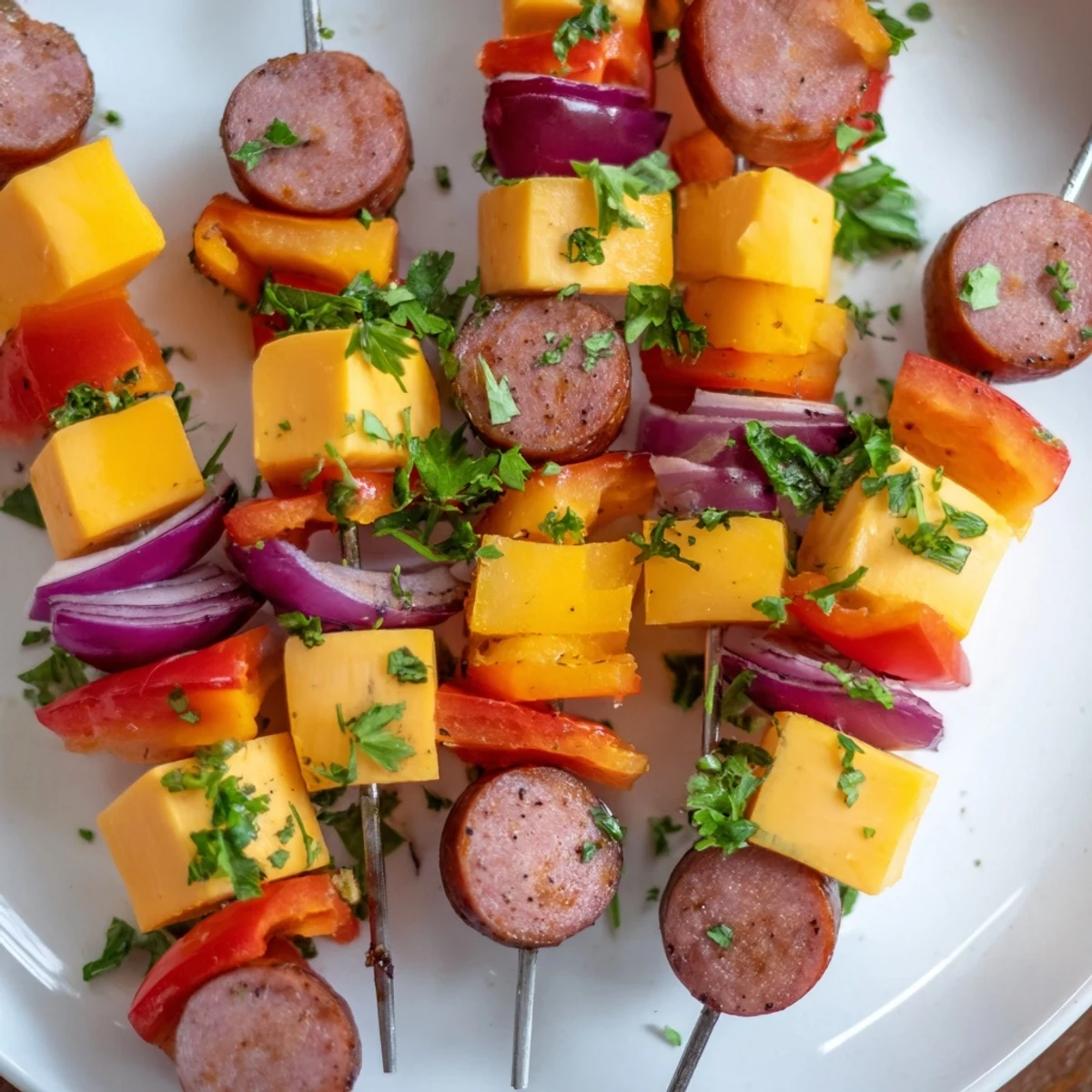 Savory Skewers: Chimney Stack Sausage and Cheese, grilled with caramelized vegetables and melted cheese, a perfect appetizer.