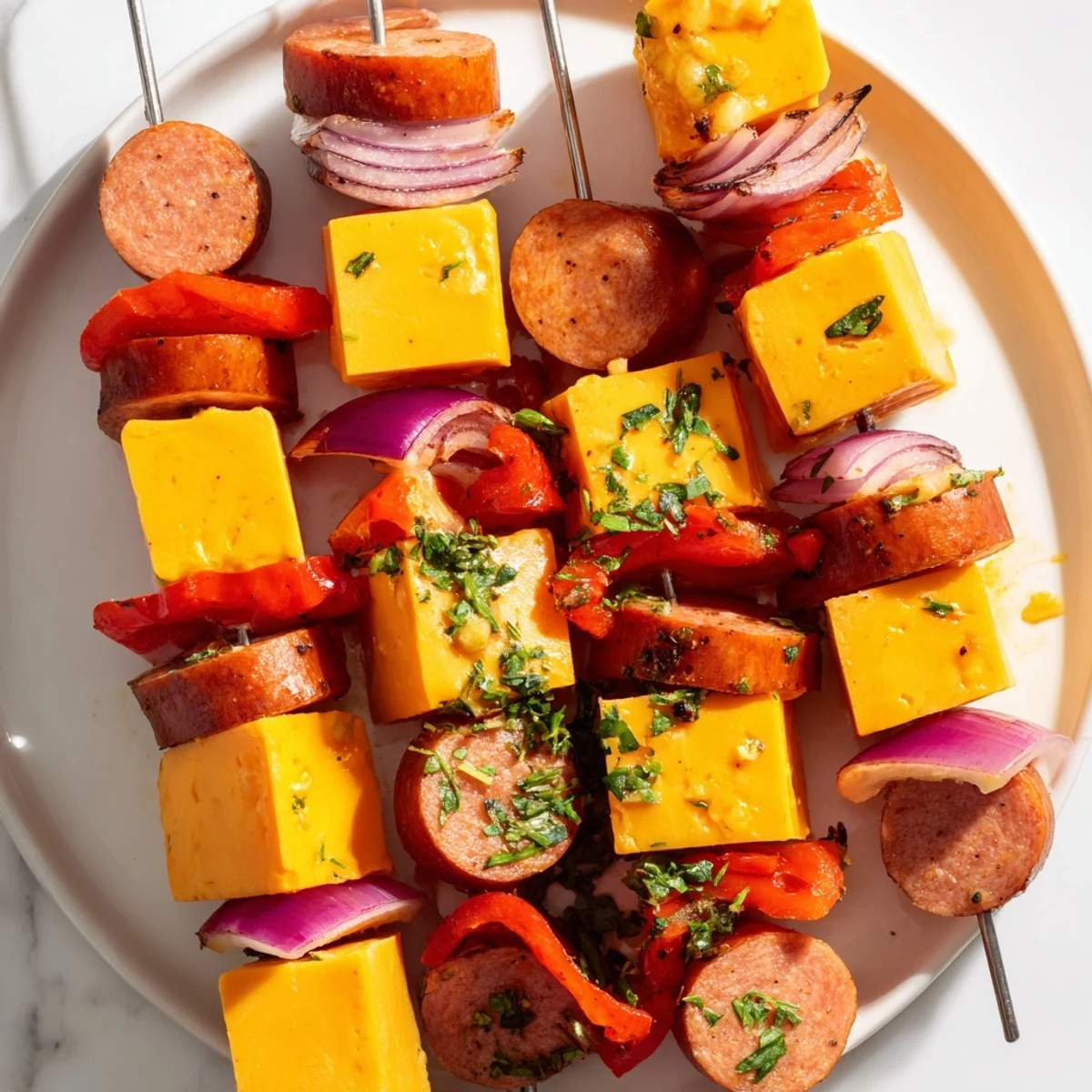 Delicious Savory Skewers: Chimney Stack Sausage and Cheese, smoky sausage, colorful peppers, and gooey cheese on skewers.