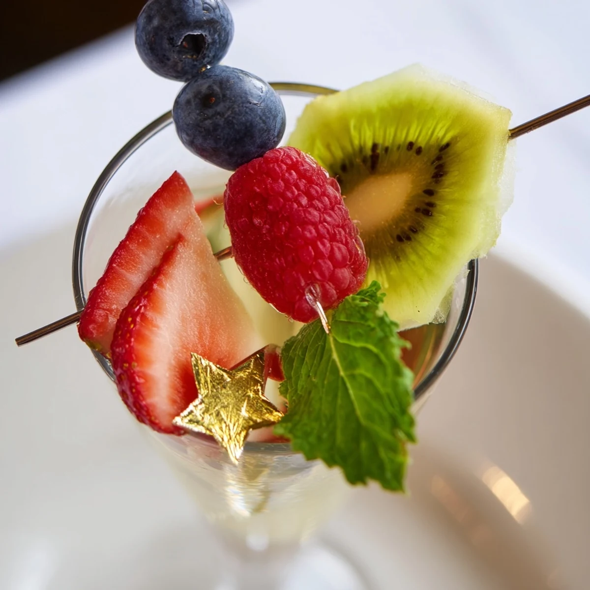 A close-up of vibrant Champagne Flute Fruit Garnishes ready for New Year's celebrations.