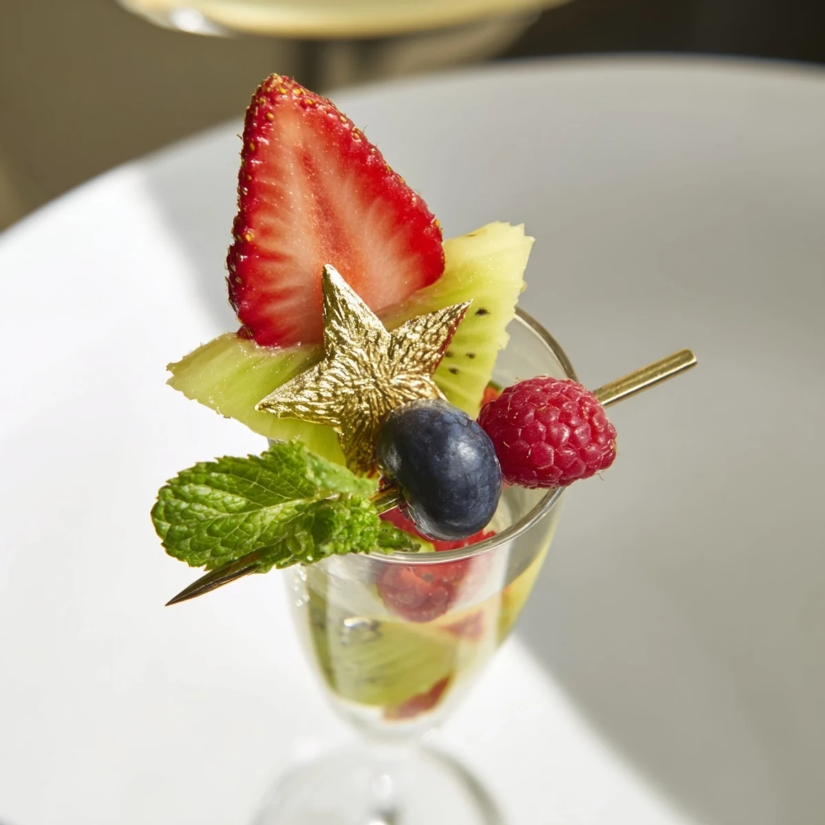See skewered Champagne Flute Fruit Garnishes with strawberries, kiwi, and pineapple ready to serve.