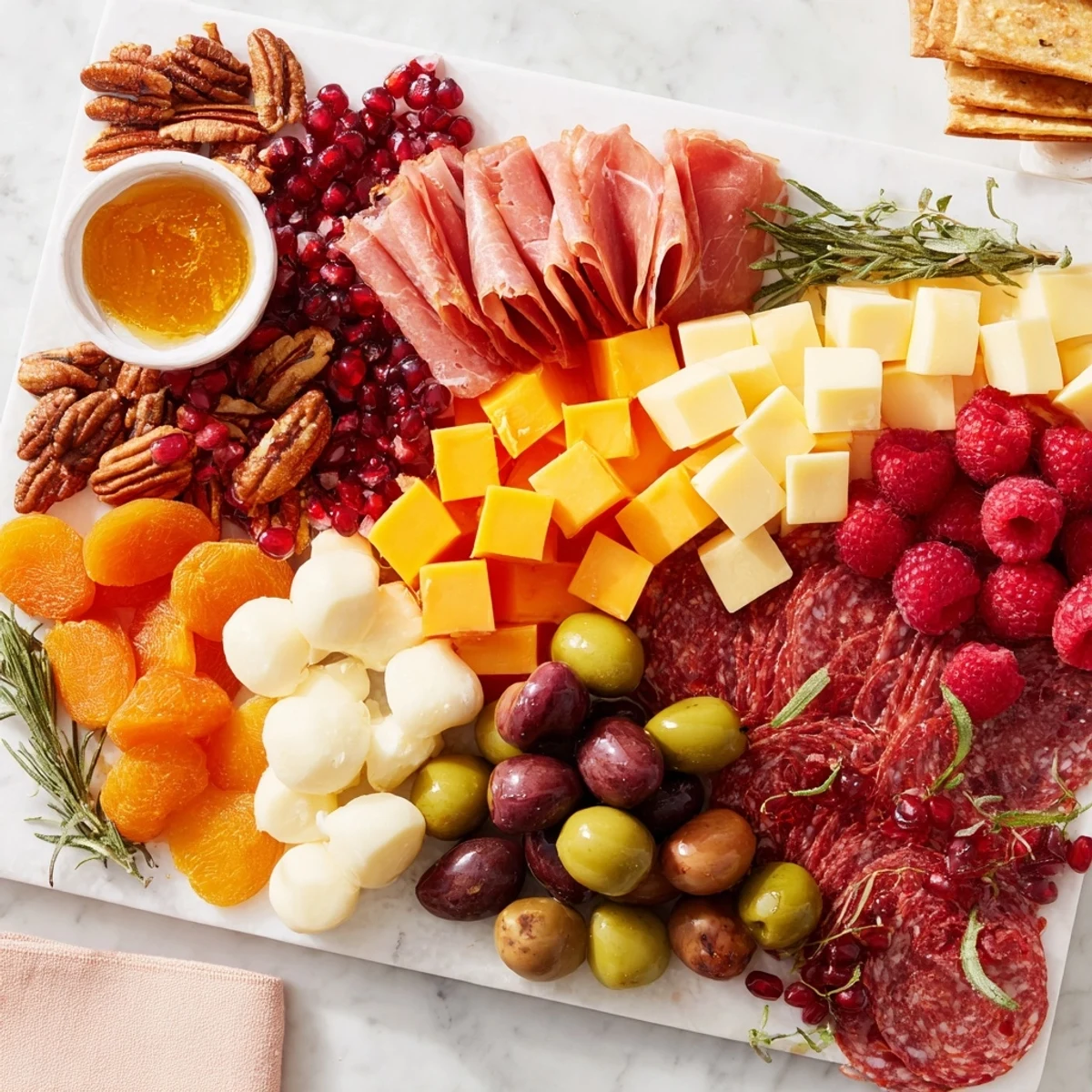 Festive stocking charcuterie board overflowing with meats, cheeses, and fruit, ready for holiday parties.