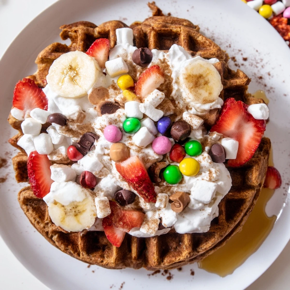 Festive gingerbread house waffle bar: a plate of warm, spiced waffles ready for holiday fun.