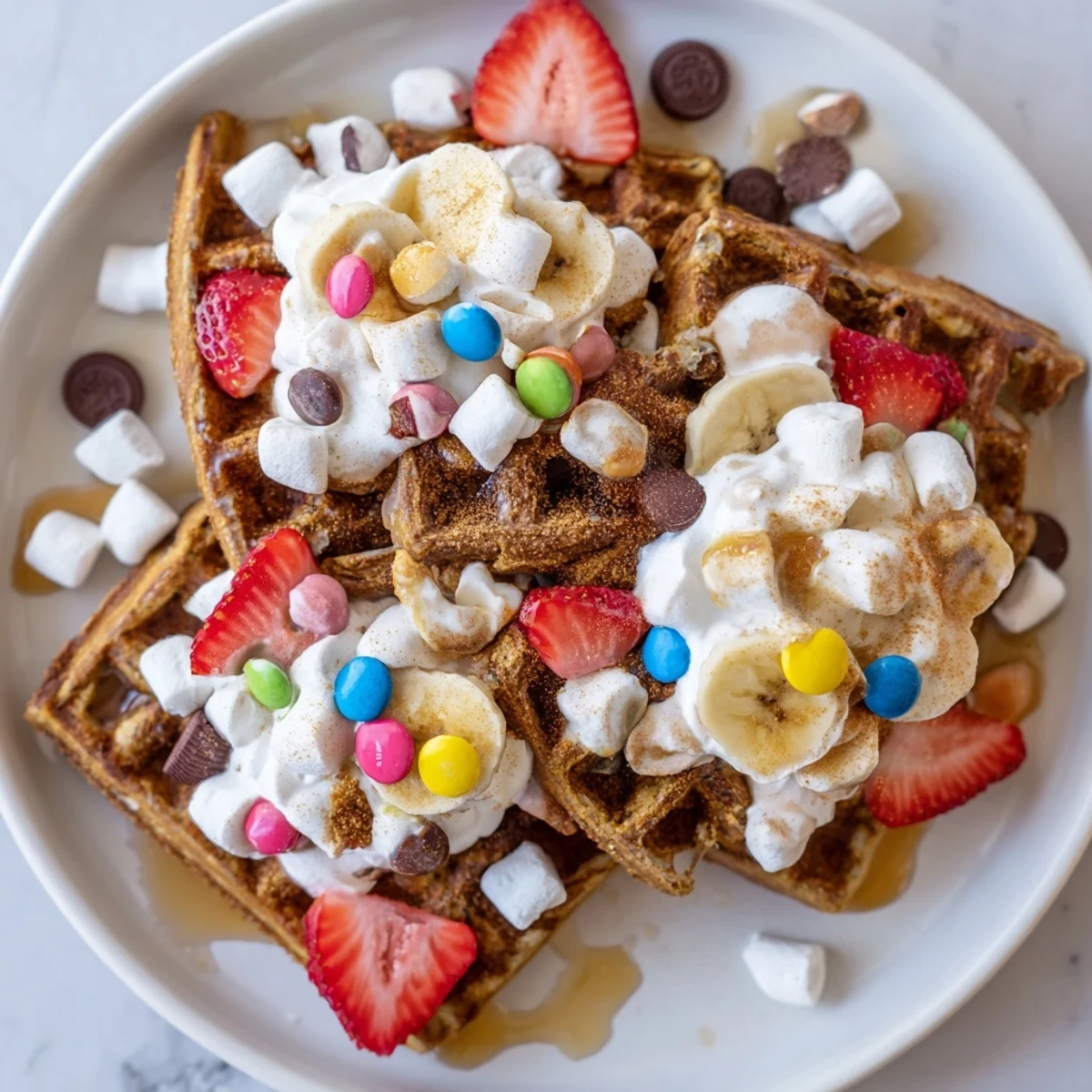 Golden gingerbread house waffles, generously topped and surrounded by colorful candies and fresh fruit.