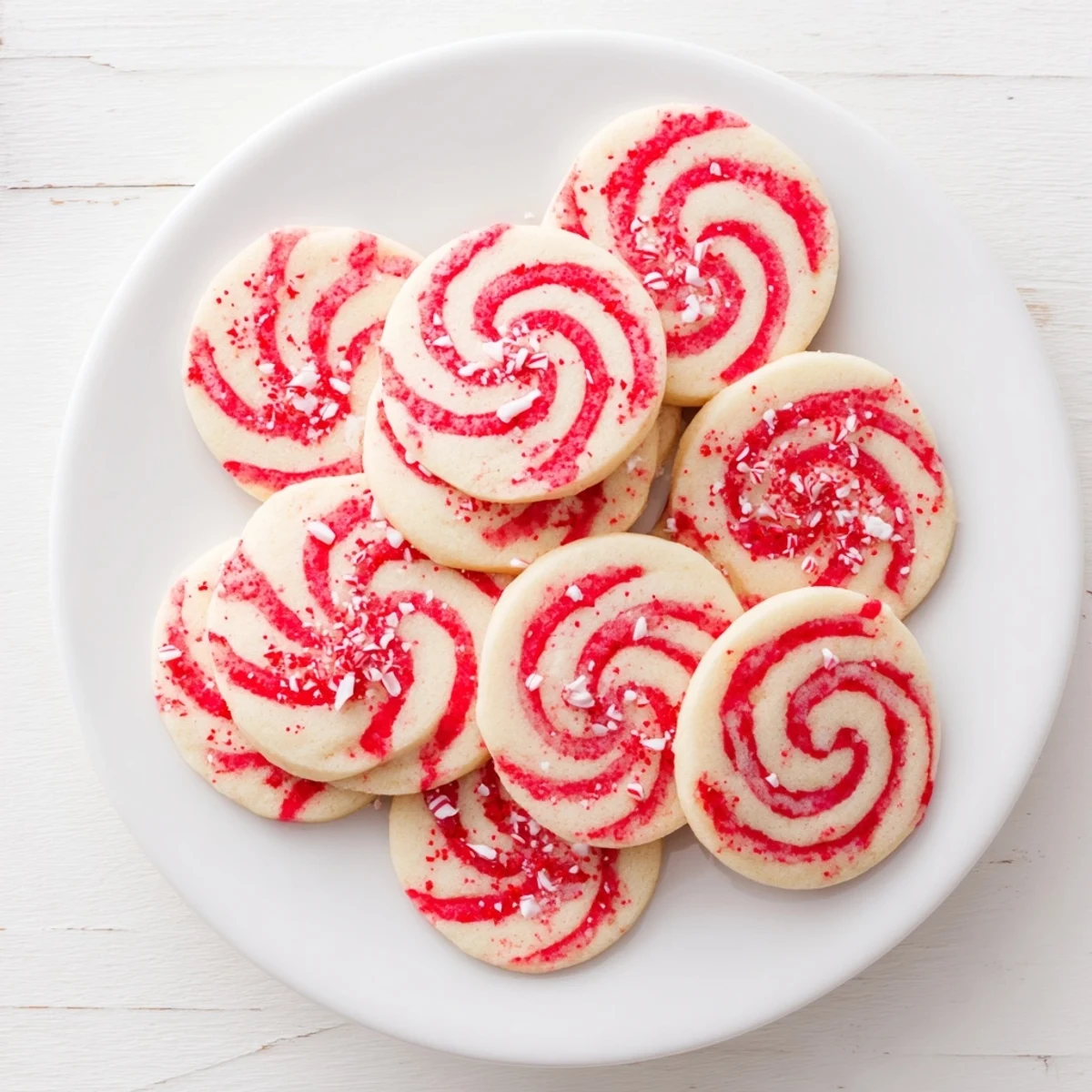 Close-up of baked candy cane swirl cookie platter, inviting you in with sugary sweetness.