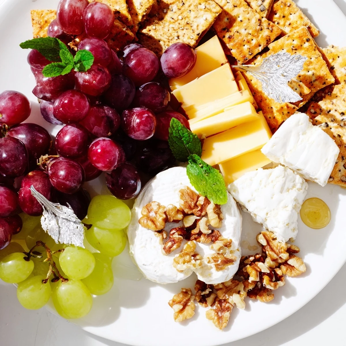 Sparkling Grape and Silver Cracker Platter featuring creamy cheeses, grapes, and festive edible silver touches.