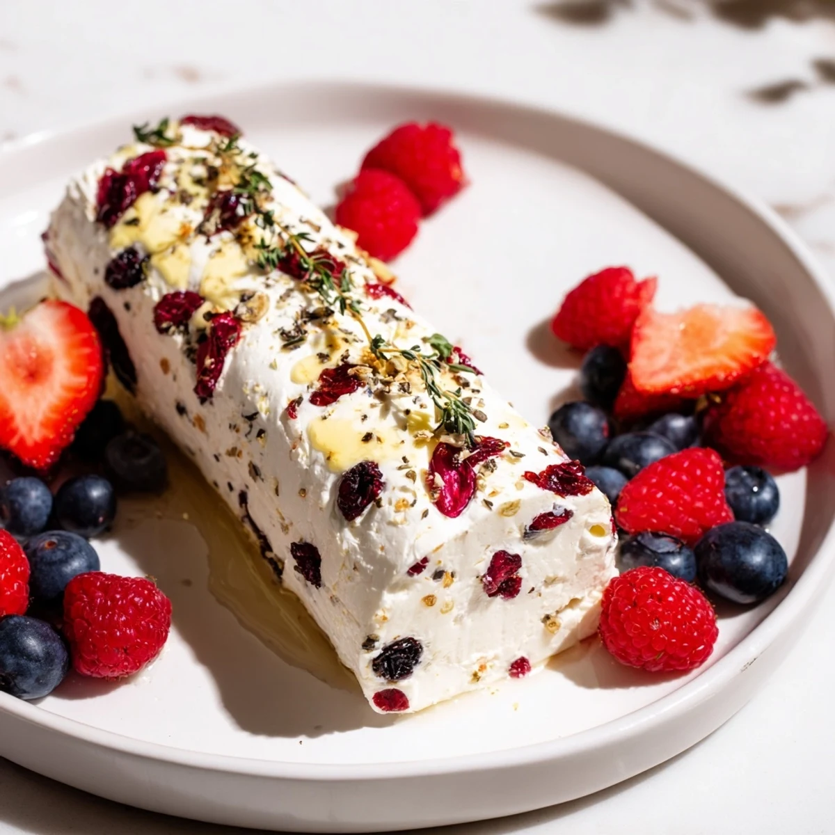 Festive Cranberry & Goat Cheese Log with Simple Berries, a colorful appetizer, ready to serve with crackers.