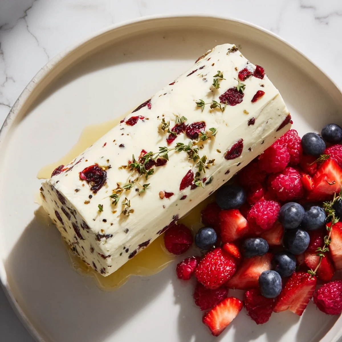 Creamy goat cheese log rolled with cranberries, surrounded by fresh, vibrant red berries, perfect for sharing.