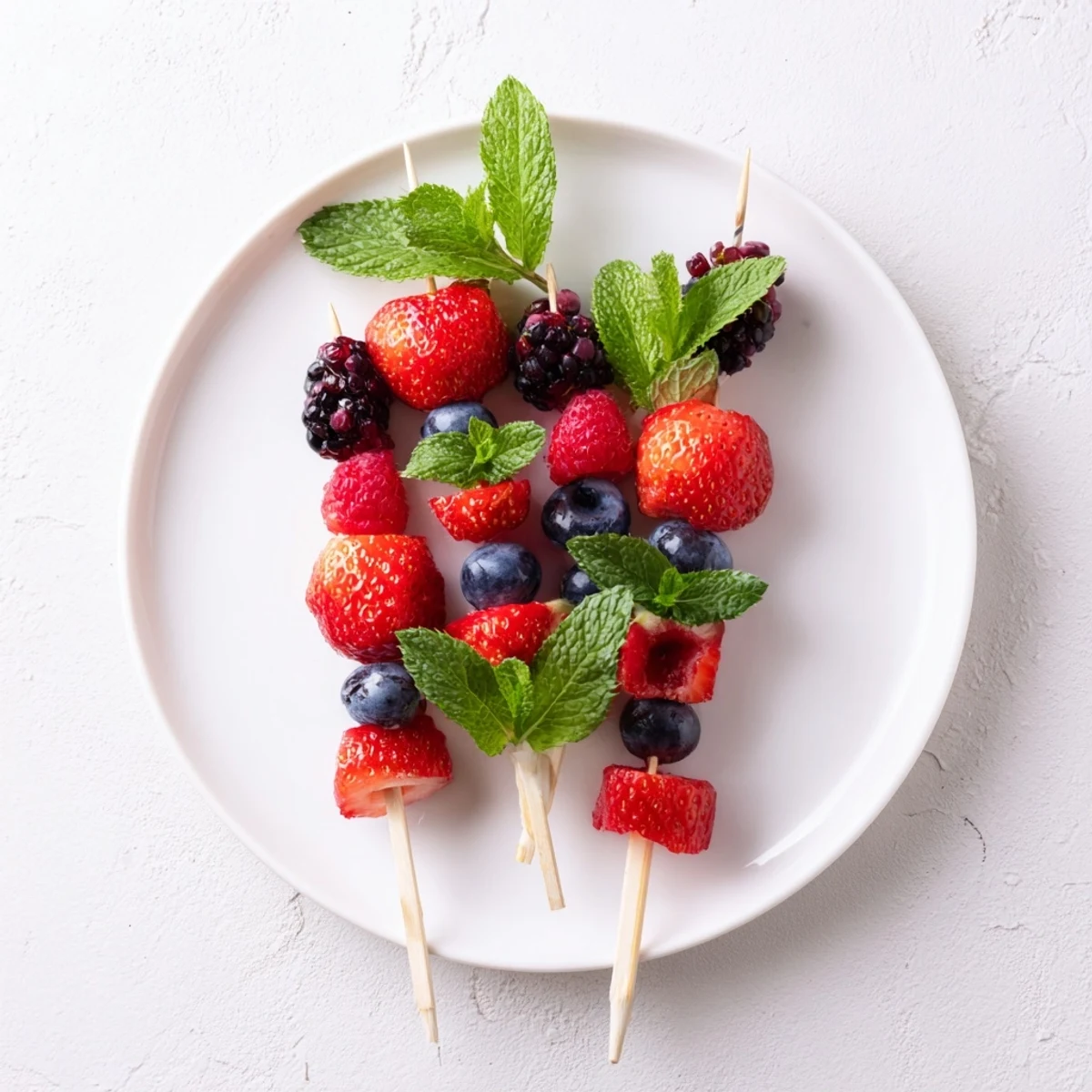 Vibrant fruit skewers showcase juicy berries and refreshing mint sprigs, a simple, delicious treat.
