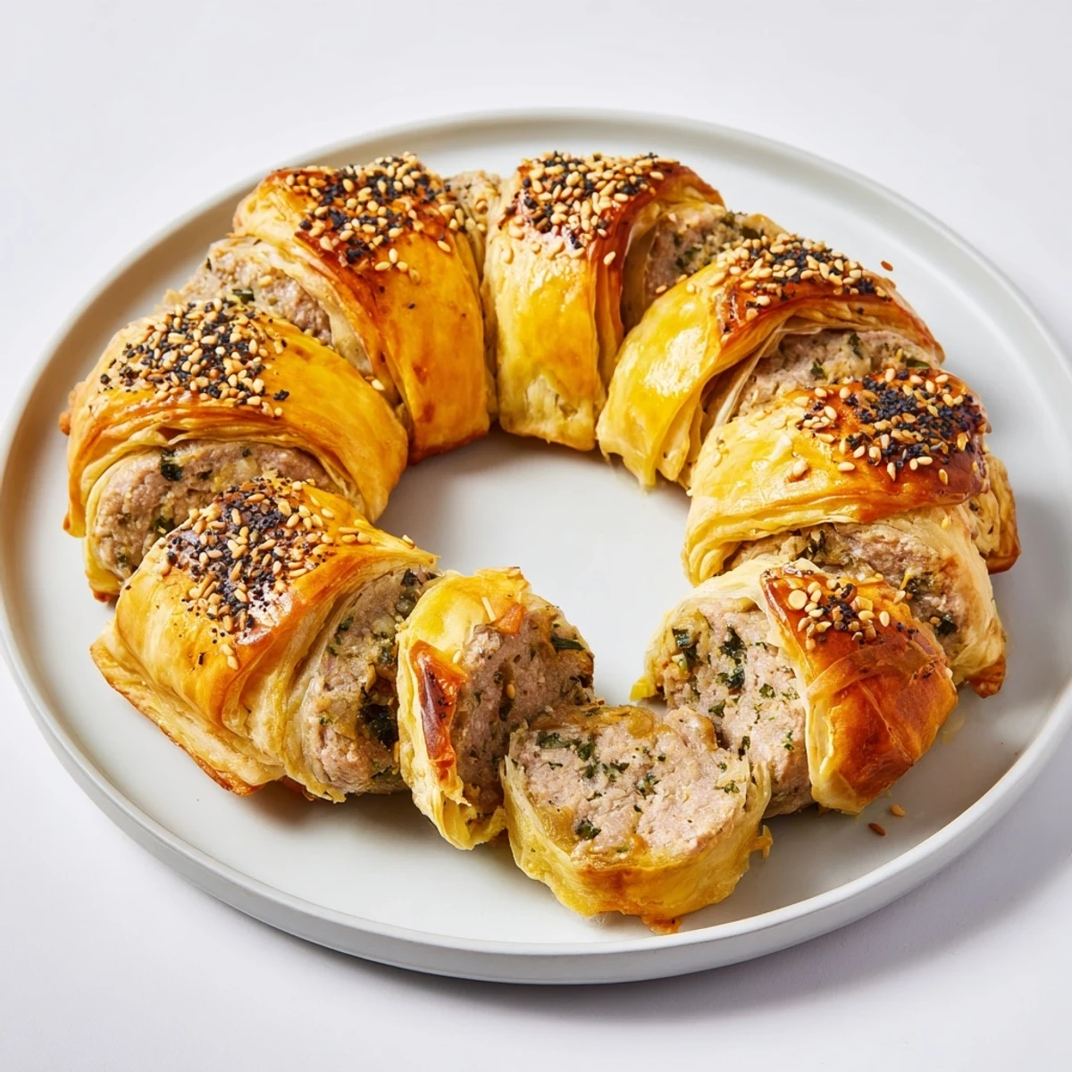 Savory Bites: Mini sausage roll half-circle wreath, perfectly browned and arranged beautifully for your pleasure.
