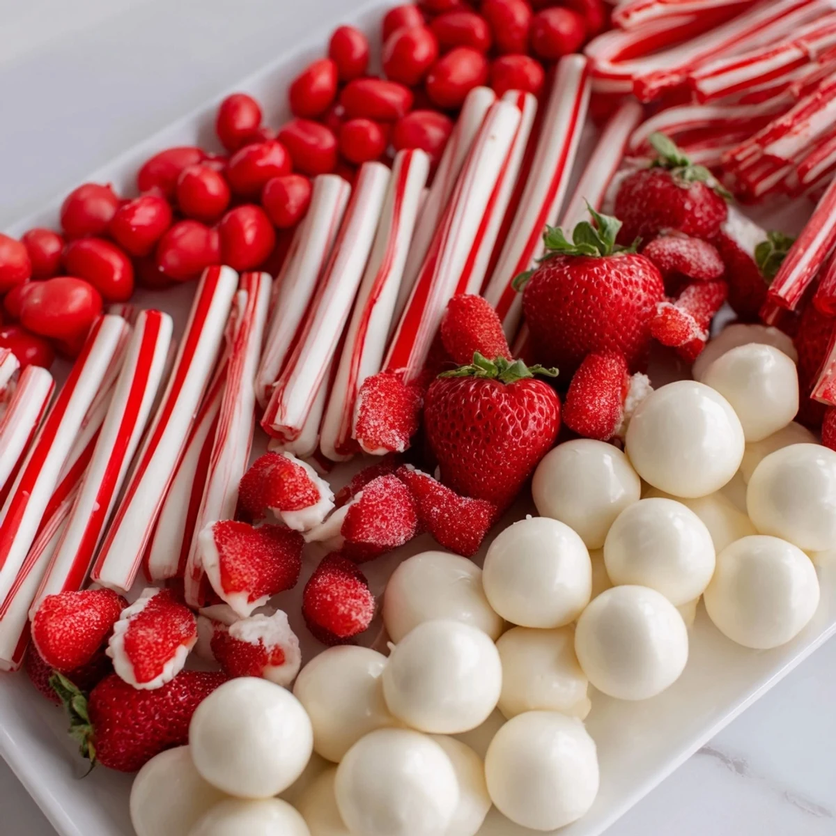 Vibrant Sweet Board displays a colorful array of red and white striped candies and treats.