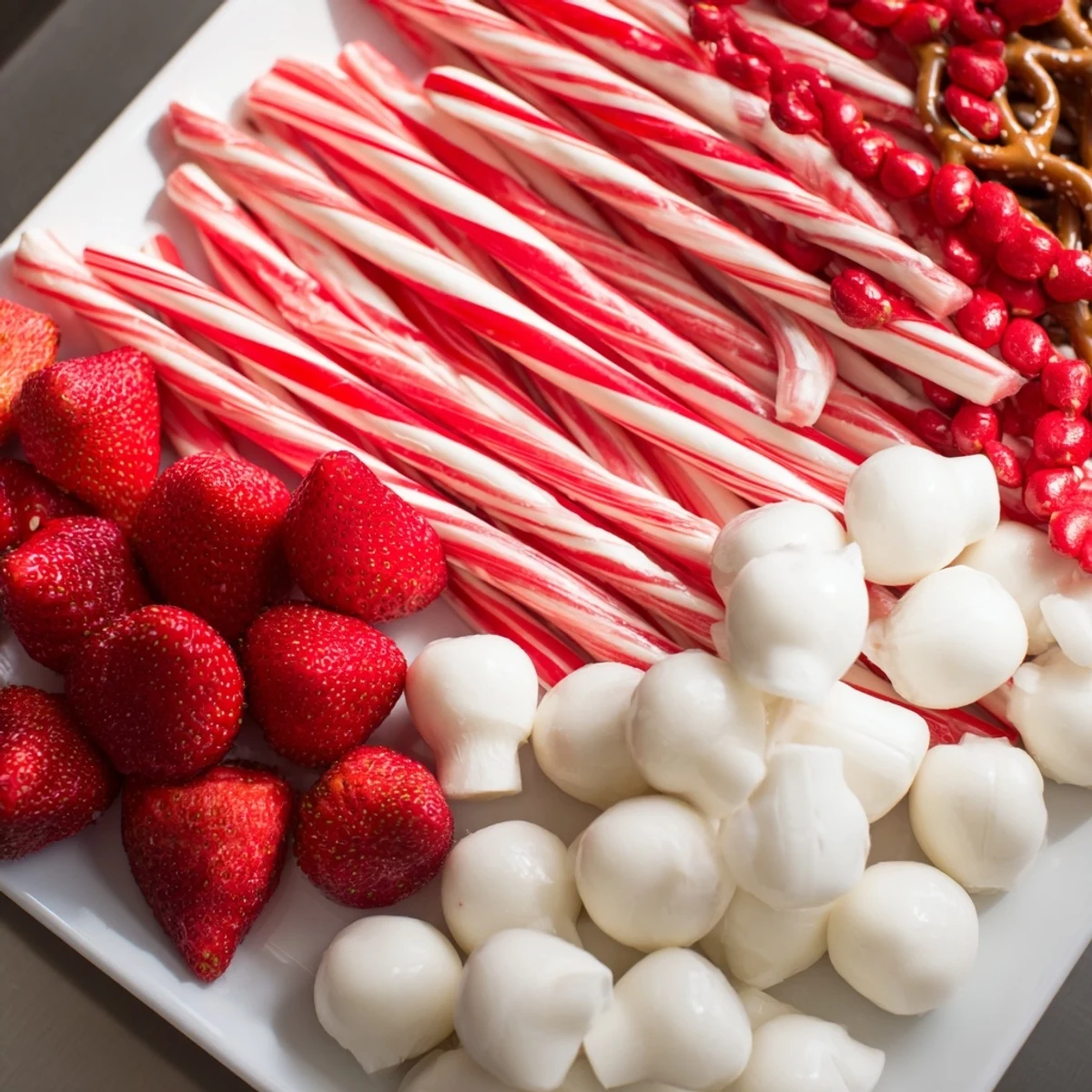 A visually appealing Sweet Board, featuring fresh strawberries beside festive red and white sweets.