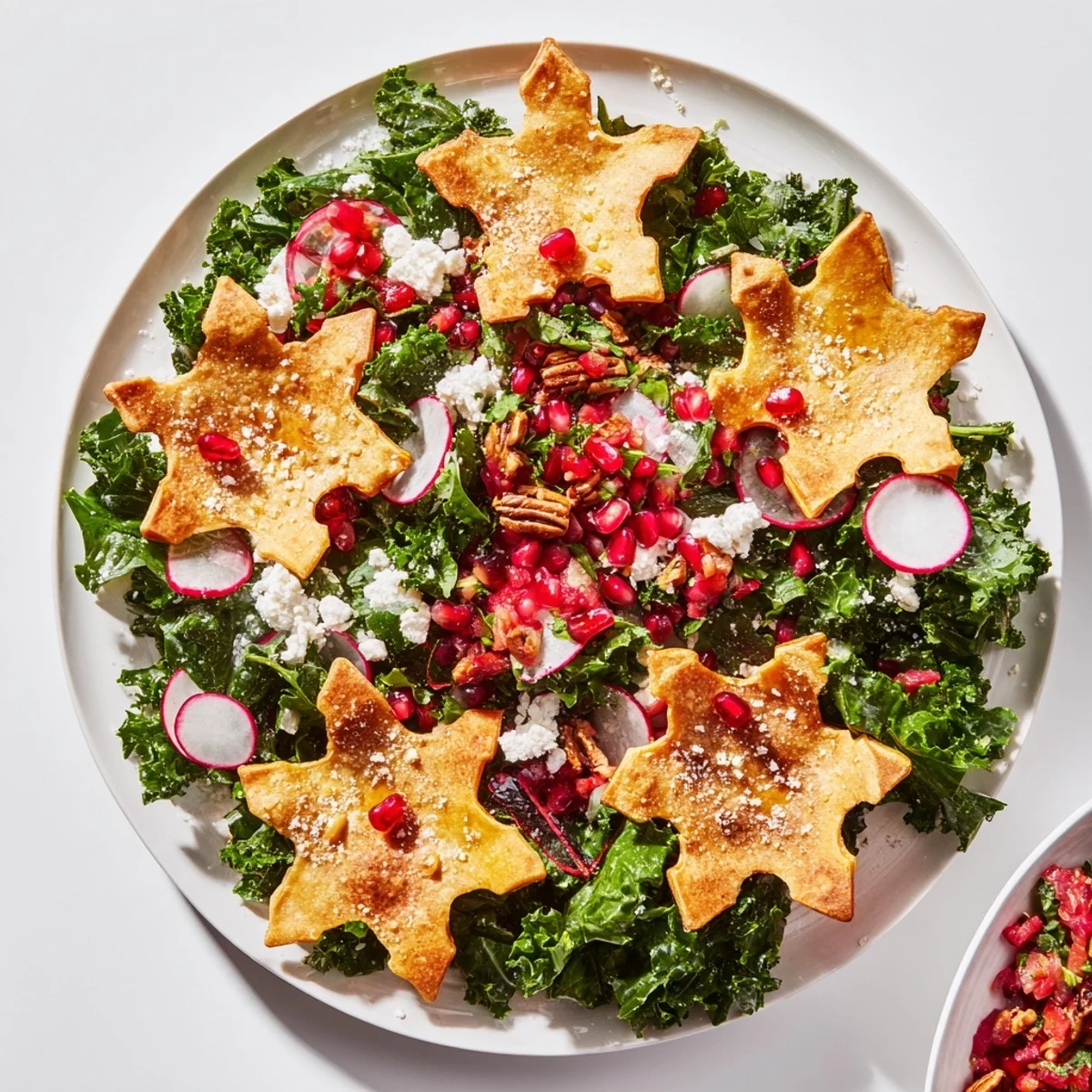 Winter Salad with snowflake tortilla chips: A vibrant, colorful salad with a side of crispy, salted chips.