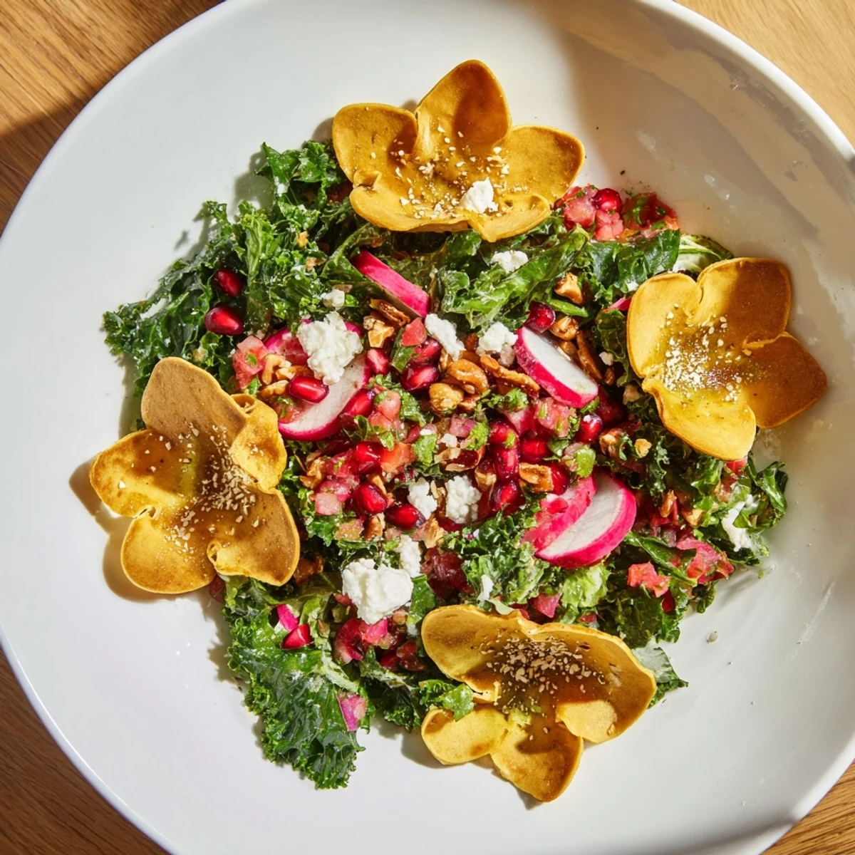 Festive Winter Salad with snowflake chips: Imagine fresh greens, pomegranate seeds, and the crunch of snowflake tortillas.