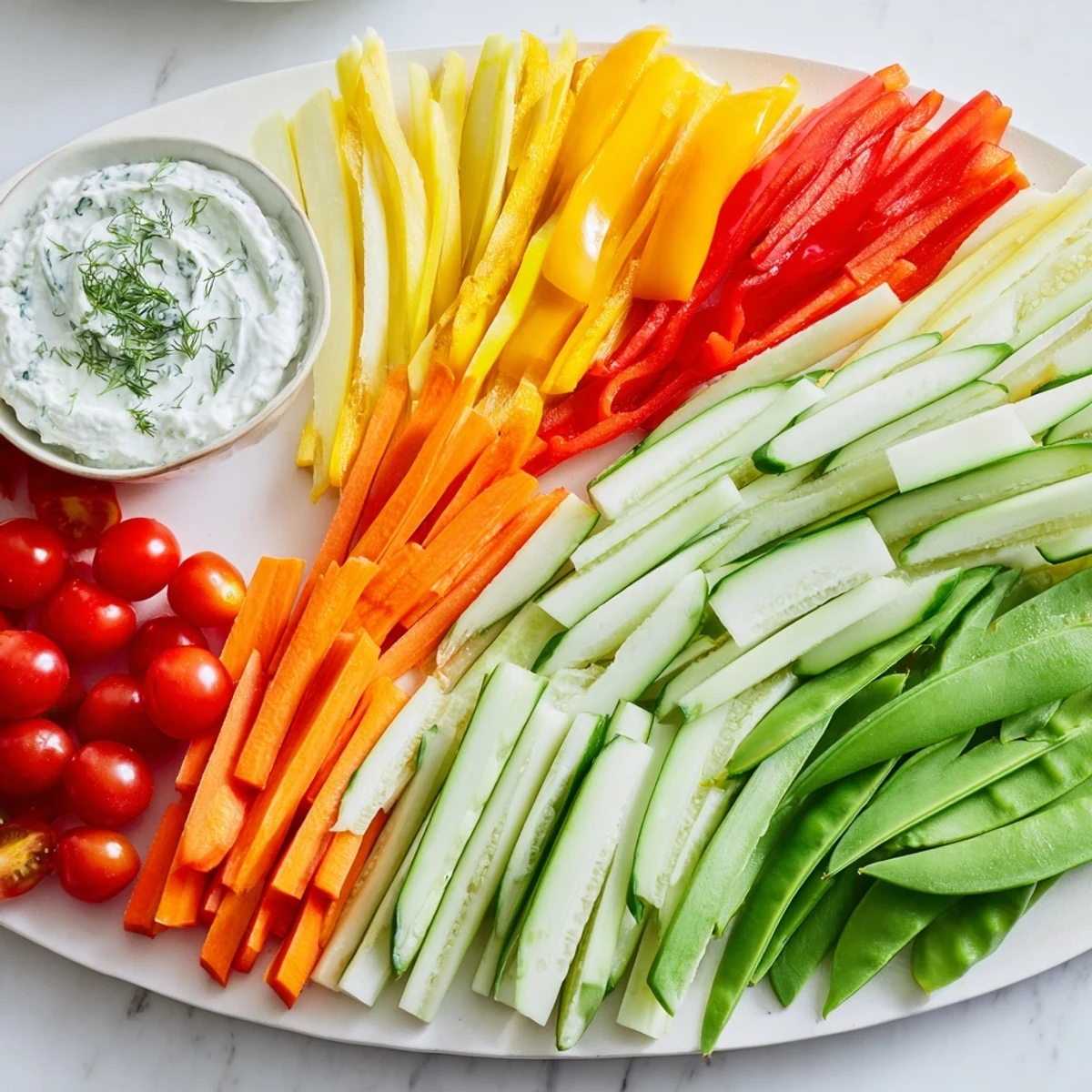 Fresh, colorful Veggie Platter featuring crisp cucumber fans with a vibrant yogurt dip.