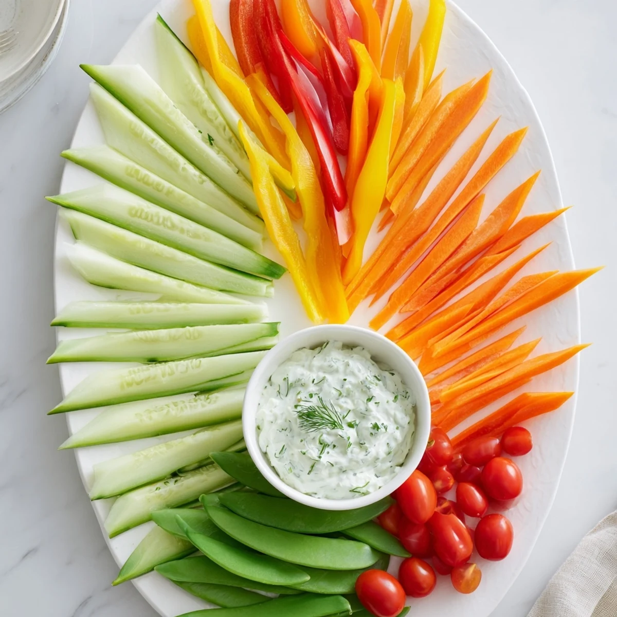 A beautiful close-up of the Veggie Platter showcases crunchy carrots and colorful bell peppers.