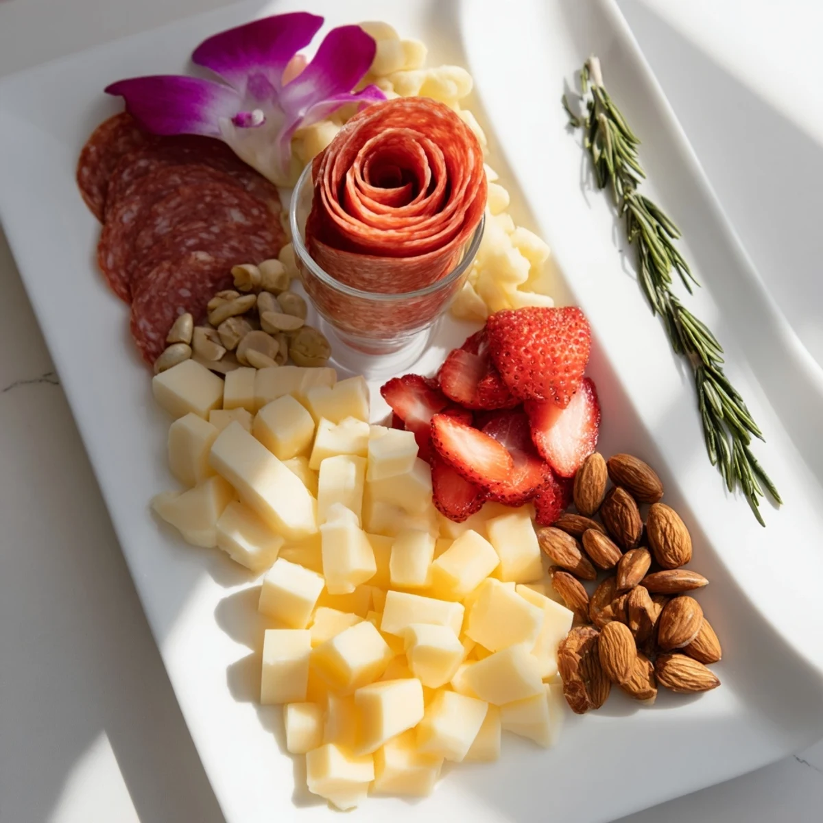 Easy Charcuterie: Salami Rose Board, a vibrant appetizer with a salami rose and ripe berries.
