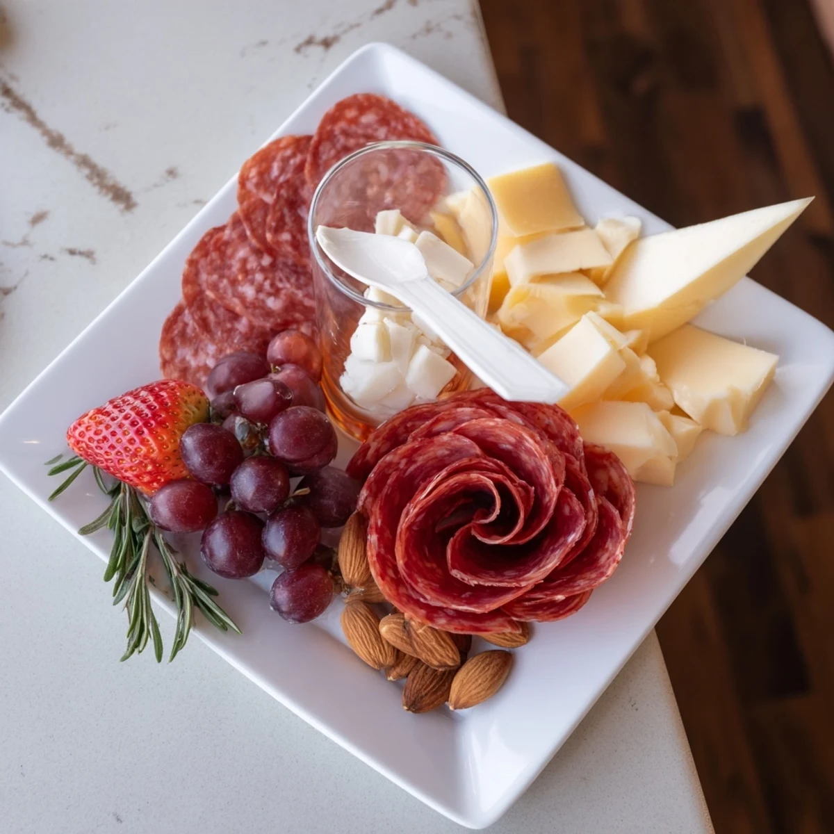 Enjoy a single serving of this beautiful Easy Charcuterie: Salami Rose Board, perfect for snacking.