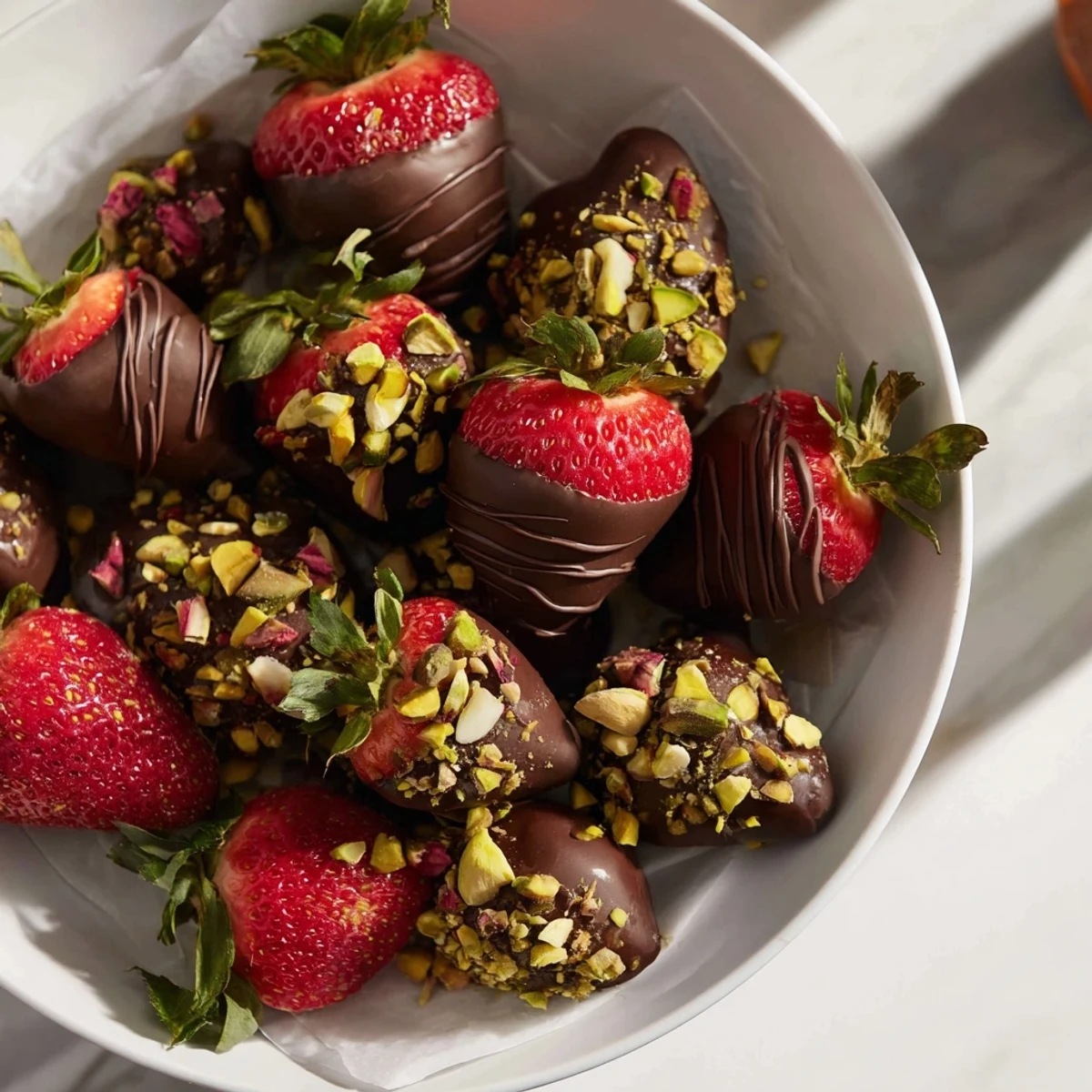 Close-up of vibrant Dark Chocolate Covered Strawberry Dips, a festive, easy treat for any special occasion.