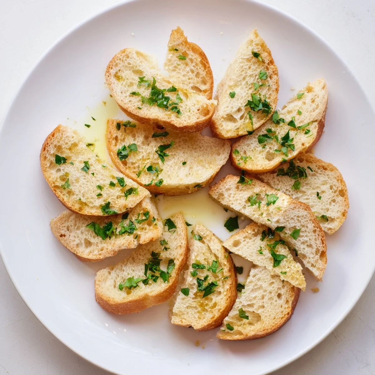 Freshly baked baguette slices, circle-arranged, offer the perfect base for your favorite dips or cheeses to enjoy.